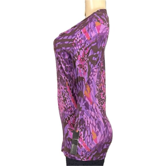 Daisy Fuentes L Purple Combo Animal Print V-Neckline Cotton 3/4 Sleeve T-Shirt - Picture 5 of 6